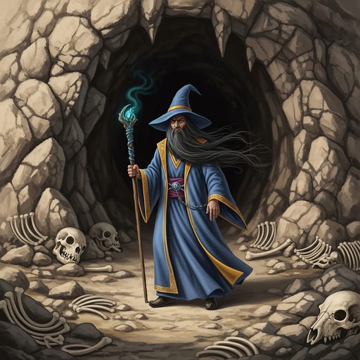 Mysterious Wizard Outside Cave with Scattered Bones Mysterious Wizard Outside Cave with Scattered Bones