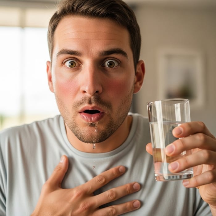 Caucasian Male Choking on Water - Recovery Moment Captured