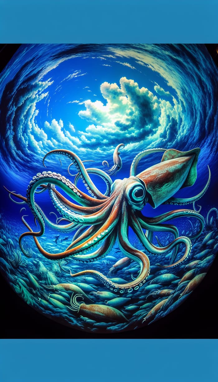 Enormous Squid in Vibrant Underwater Scene Enormous Squid in Vibrant Underwater Scene