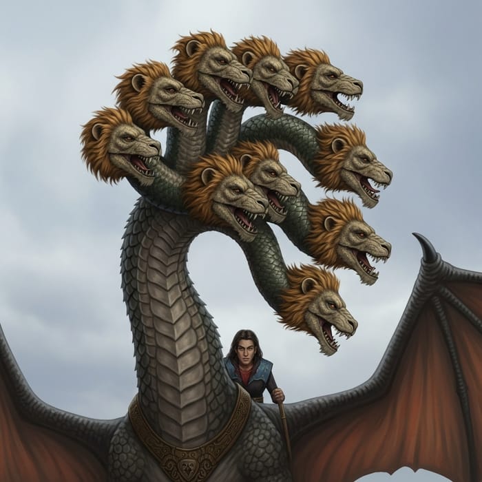 Realistic Dragon with Seven Lion-Headed Necks