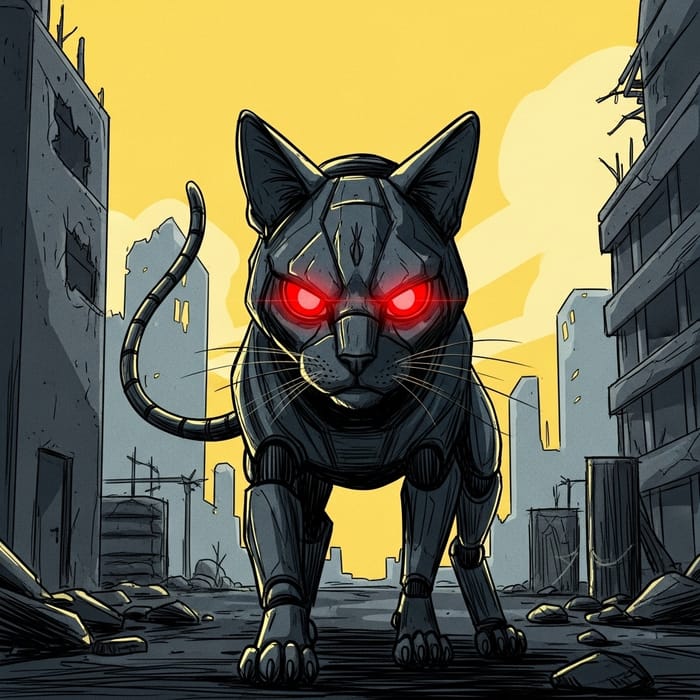 Cyberpunk Robotic Cat in Post-Apocalyptic Cityscape with Glowing Red Eyes