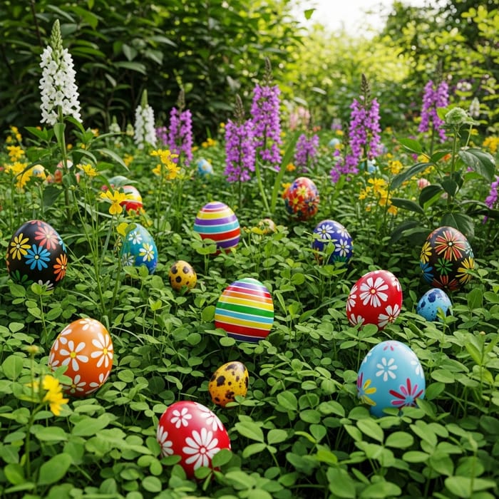 Vibrant Easter Egg Hunt in Lush Garden Vibrant Easter Egg Hunt in Lush Garden