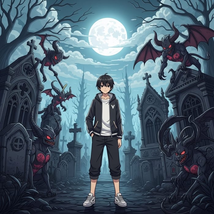 Anime Character Surrounded by Fantastical Creatures in Eerie Graveyard | Ghostly Moonlight