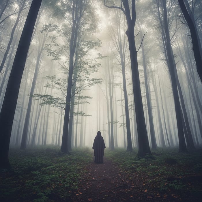 Enchanted Forest: Ethereal Cloaked Figure in Mist | Magic Scene