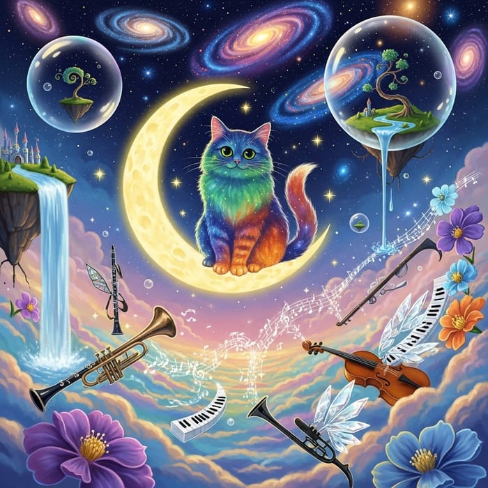 Dream-like Whimsical Cat on Moon Illustration Dream-like Whimsical Cat on Moon Illustration