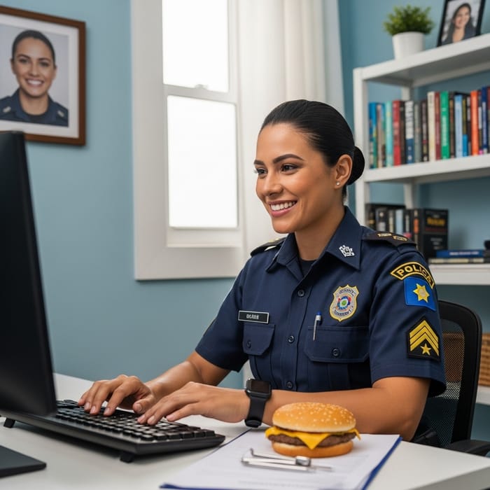 Female Police Officer Working at Computer with Burger in Hand Female Police Officer Working at Computer with Burger in Hand