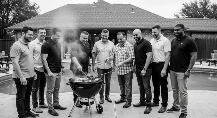 Diverse Men Enjoying Texas Style BBQ Feast in Timeless Black and White Diverse Men Enjoying Texas Style BBQ Feast in Timeless Black and White