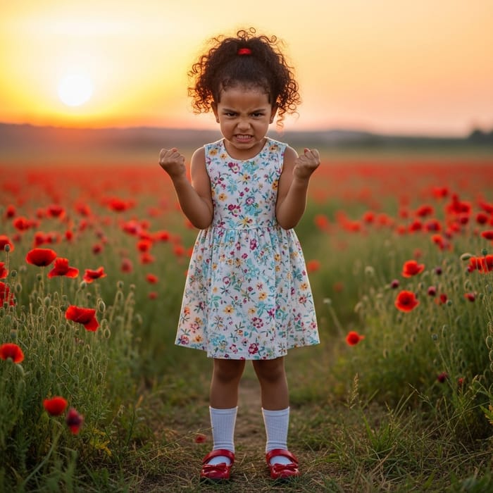 Upset Young Hispanic Girl in Poppy Field Upset Young Hispanic Girl in Poppy Field