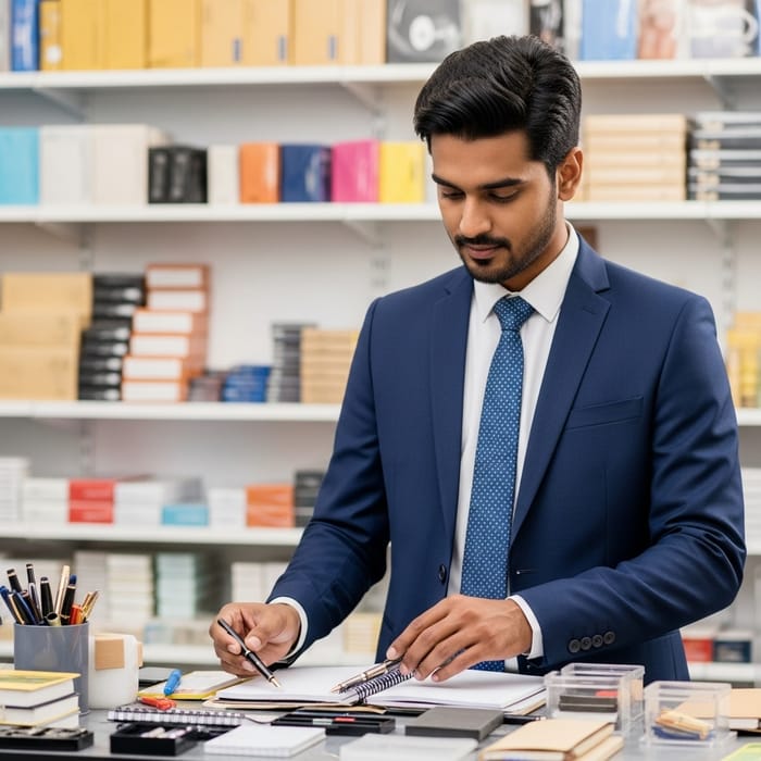 Dedicated South Asian Man in Stationery Shop Embarking on New Journey Dedicated South Asian Man in Stationery Shop Embarking on New Journey