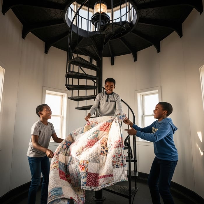 Three Boys having fun with a blanket in a lighthouse