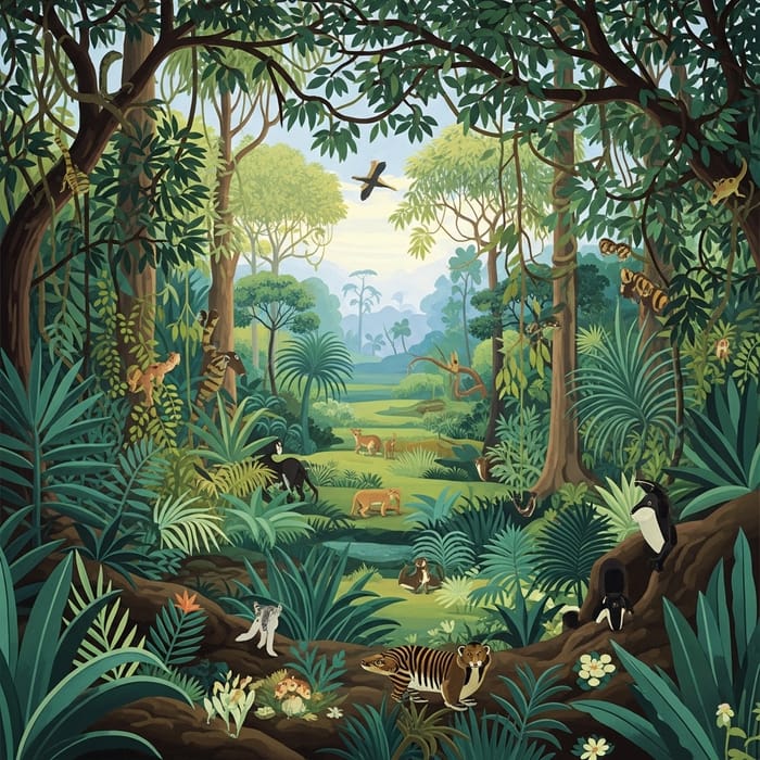 Lush Jungle Landscape Inspired by Rousseau Art Lush Jungle Landscape Inspired by Rousseau Art