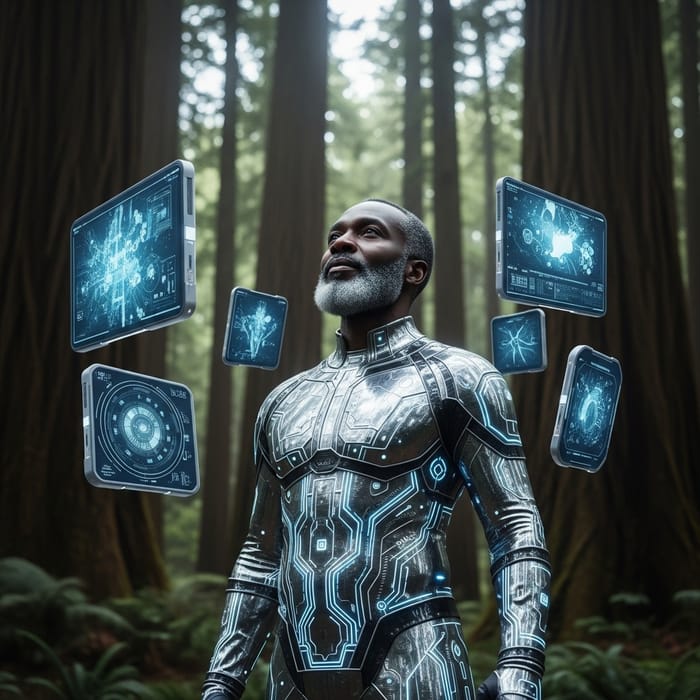 Futuristic Man Enjoying Nature's Beauty | Sci-Fi Tech Fusion
