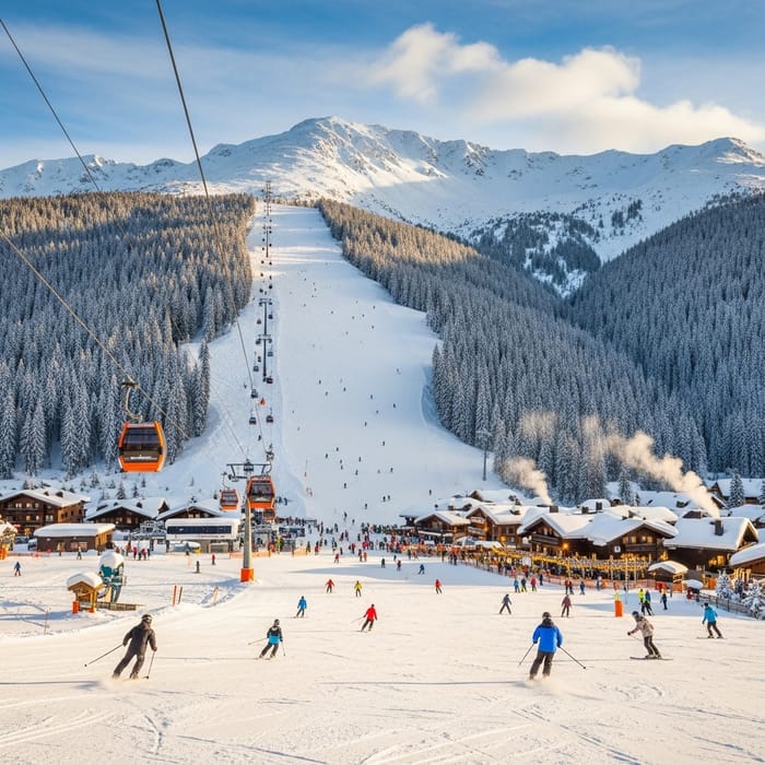 Skiing on Mountain Slopes with Fresh Snow & Scenic Views Skiing on Mountain Slopes with Fresh Snow & Scenic Views