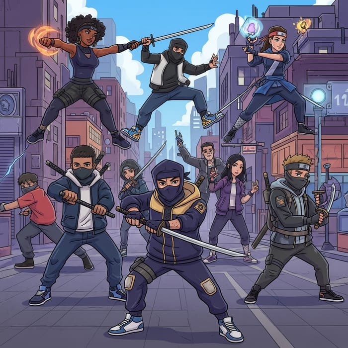 Vibrant Ninjala Urban Scene with Diverse Youths Vibrant Ninjala Urban Scene with Diverse Youths