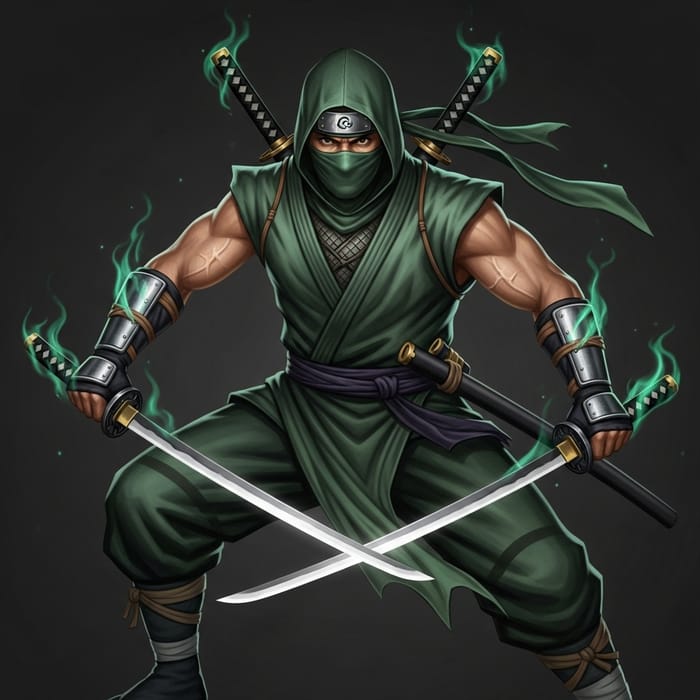 Emerald-Green Ninja in Ready Stance with Razor-Sharp Katanas Emerald-Green Ninja in Ready Stance with Razor-Sharp Katanas