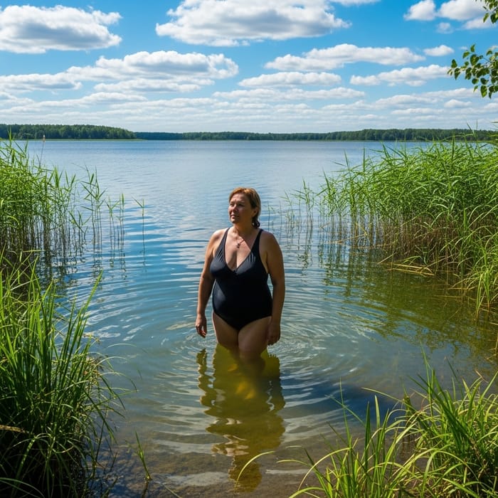 Realistic Painting of a 45-Year-Old Slavic Woman Bathing in a Colorful Lake Realistic Painting of a 45-Year-Old Slavic Woman Bathing in a Colorful Lake