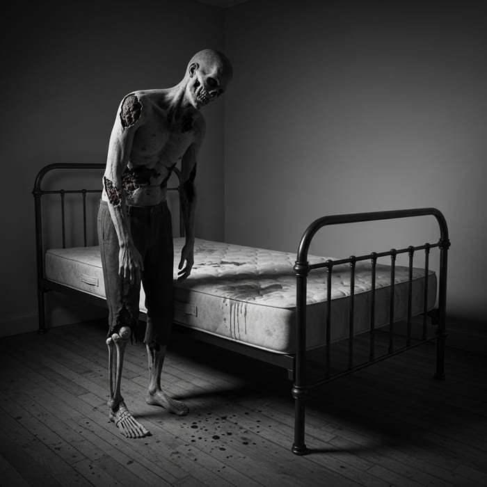 Decayed Zombie with Exposed Bone in Grayscale Room Decayed Zombie with Exposed Bone in Grayscale Room