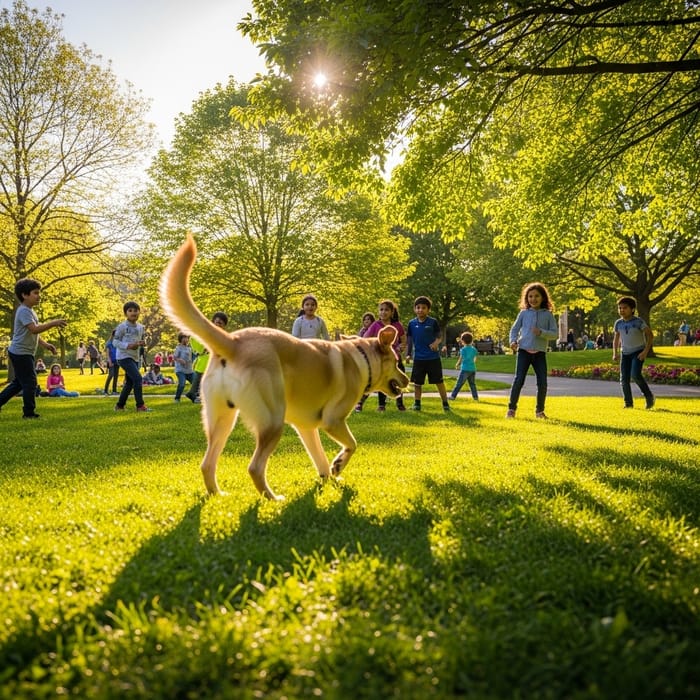 Beautiful Dog Enjoying Time in Green Park with Kids Beautiful Dog Enjoying Time in Green Park with Kids
