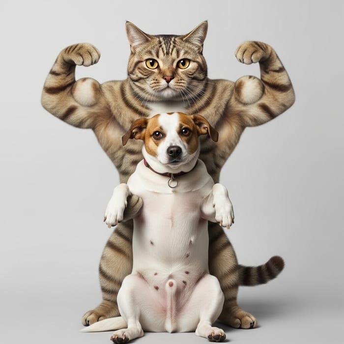 Muscular Fitness Cat Carrying Dog in Playful Upside-Down Scene