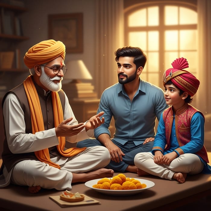 Old Indian Merchant Exploring Traditions with His Sons