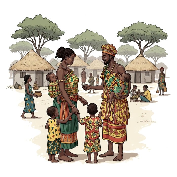 Ghanaian Family with Black Mother, Baby, and Kids in Community