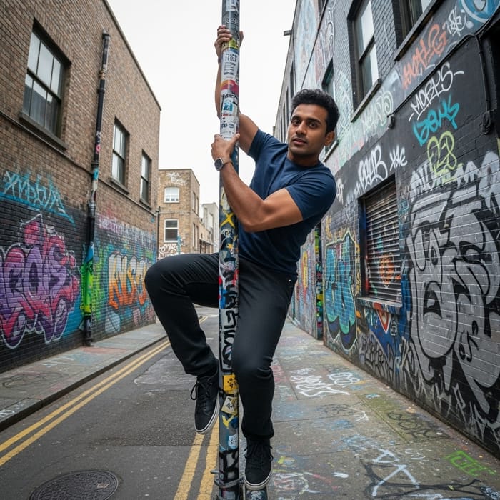 Urban Exploration Adventure: Friend Climbing Pole in Vibrant Graffiti Alleyway Urban Exploration Adventure: Friend Climbing Pole in Vibrant Graffiti Alleyway