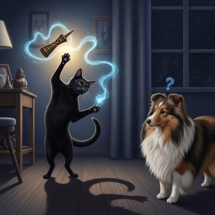 Enchanting Black Cat Performs Sorcery with Shetland Sheepdog Enchanting Black Cat Performs Sorcery with Shetland Sheepdog