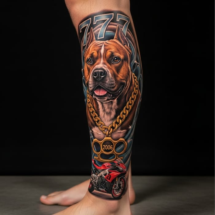 Intricate Leg Tattoo Design: Amstaff Dog, Brass Knuckle, 2006, $777, Aprilia RSV4 Intricate Leg Tattoo Design: Amstaff Dog, Brass Knuckle, 2006, $777, Aprilia RSV4
