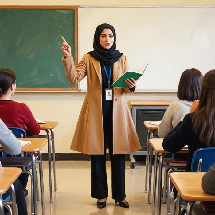 Impressionist Painting of Inspiring Muslim Teacher Leading Classroom Discussion Impressionist Painting of Inspiring Muslim Teacher Leading Classroom Discussion