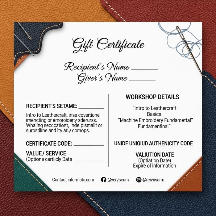 Creative Workshop Gift Certificate Template with Leather and Embroidery | Customizable Design