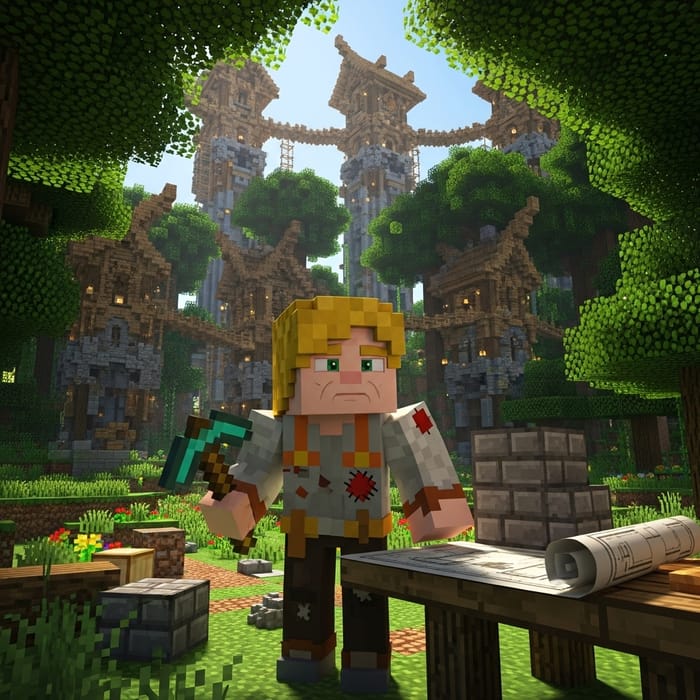 Elderly Minecraft Builder in a Lush Forest Elderly Minecraft Builder in a Lush Forest