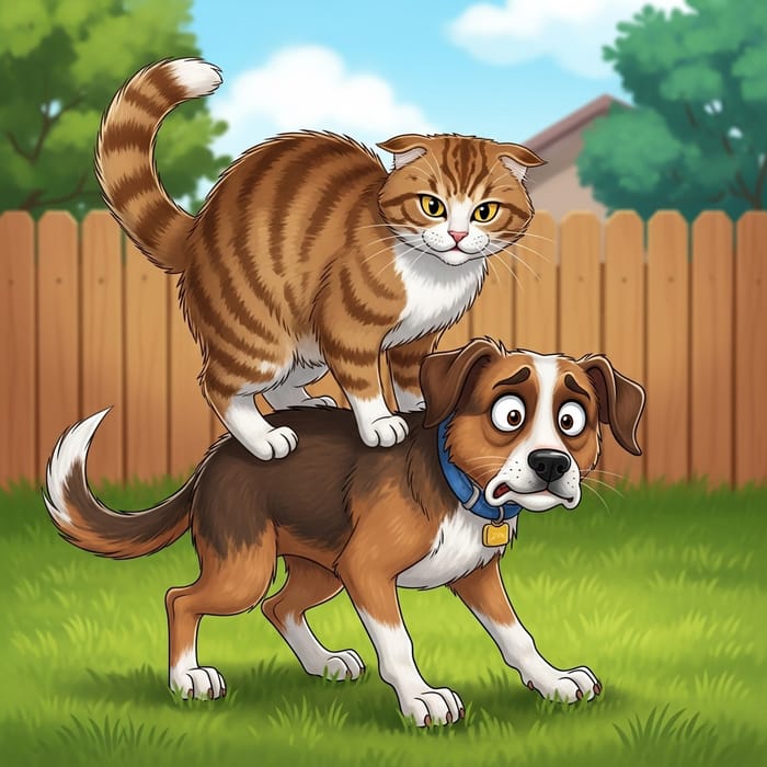 Cat Angry on Dog - Suburban Backyard Scene Cat Angry on Dog - Suburban Backyard Scene