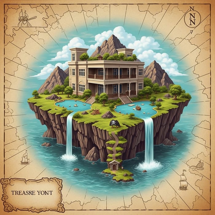 Corporate Party Venue: Pirate Island Treasure Map with Waterfall & Bays Corporate Party Venue: Pirate Island Treasure Map with Waterfall & Bays