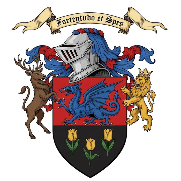 Intricate Family Crest with Blue Dragon, Golden Tulips, Stag, Lion & Latin Motto