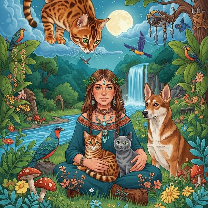 Bengal Cat Shaman Scene with Animals and Nature Spirits Bengal Cat Shaman Scene with Animals and Nature Spirits