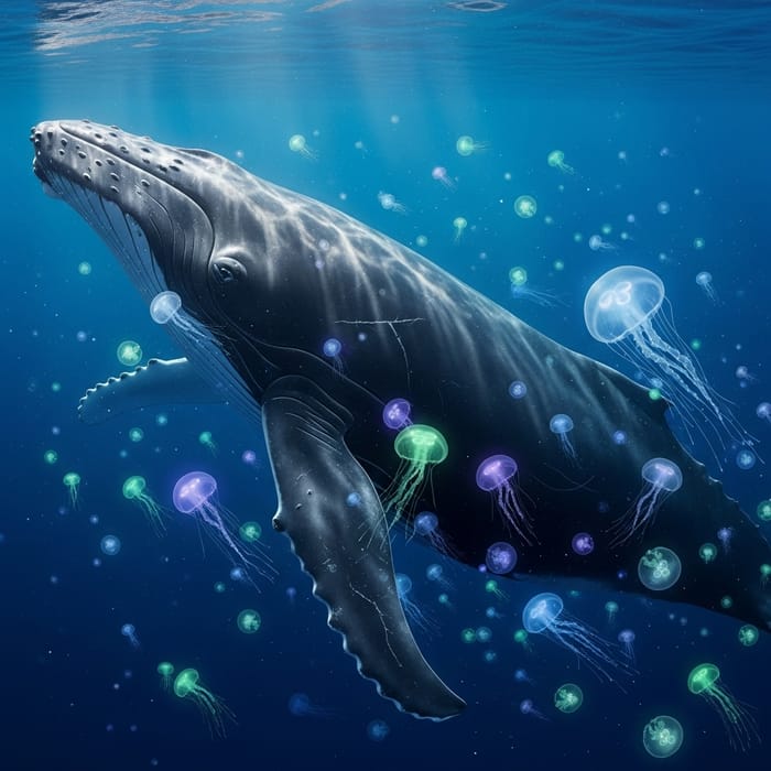 Whale Swimming Amidst Jellyfish in Ocean
