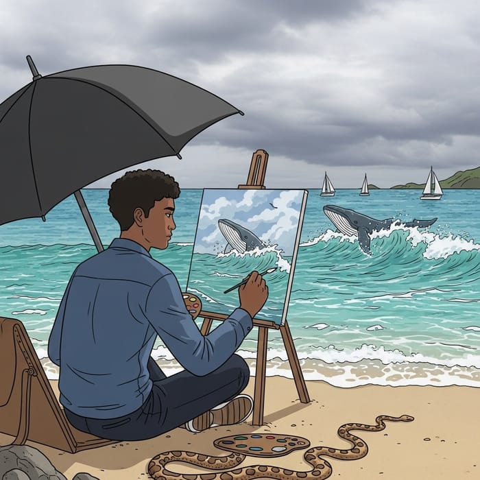 Young Artist Painting Whale by the Bay | Serene Scene Young Artist Painting Whale by the Bay | Serene Scene