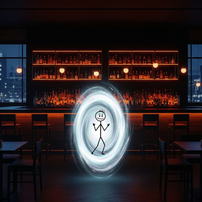 Stick Figure Emerges from Portal at Bar