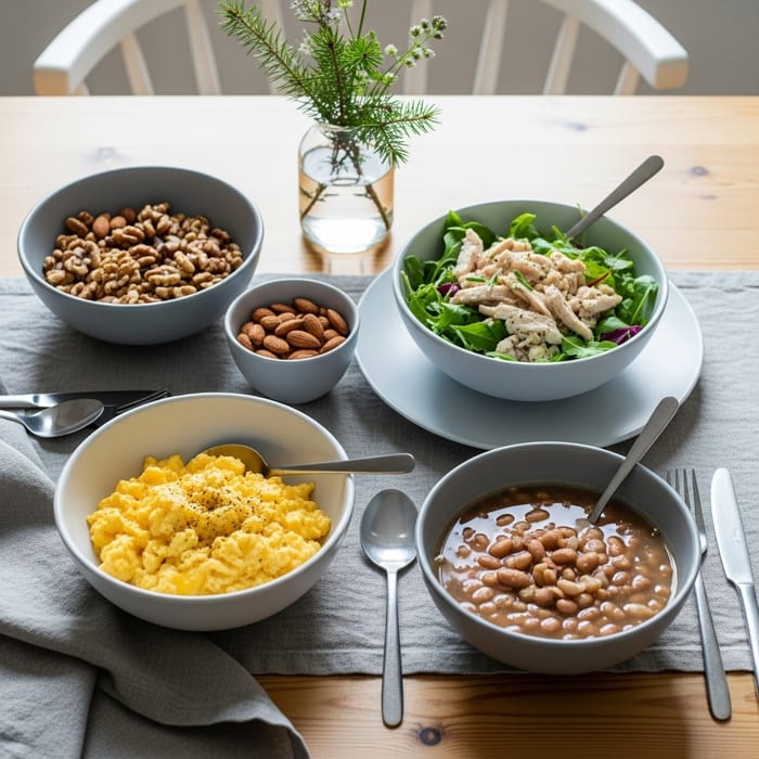 Nordic Elegance: Scrambled Eggs, Chicken Salad, Nuts, & Bean Soup Spread Nordic Elegance: Scrambled Eggs, Chicken Salad, Nuts, & Bean Soup Spread