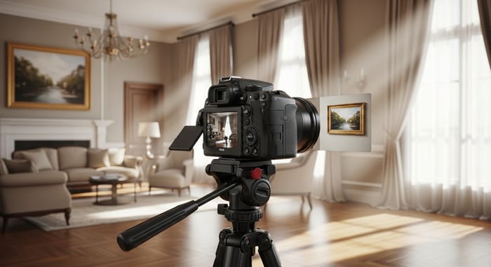 Elegant Living Room - Black 3D Camera on Tripod