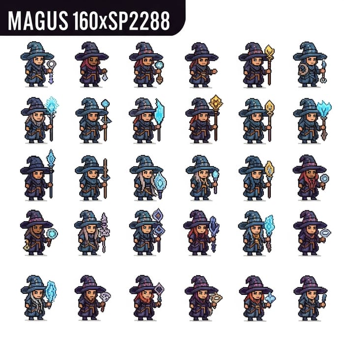 Pixel Art Magus Characters Sprite Sheet | Diverse and Unique Designs Pixel Art Magus Characters Sprite Sheet | Diverse and Unique Designs
