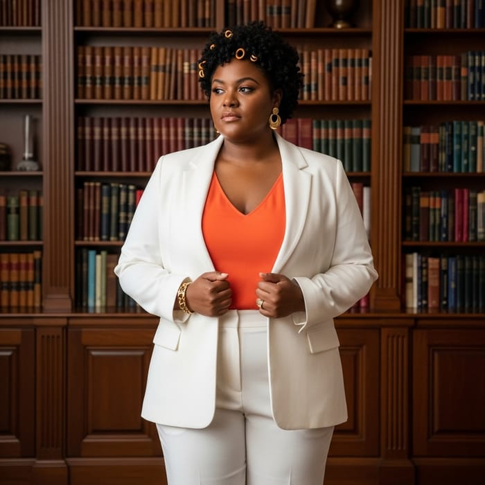 Empowered Black Woman in Elegant Home Library with Stunning Style Empowered Black Woman in Elegant Home Library with Stunning Style