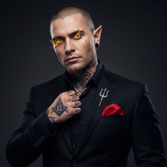 Power and Mystery Embodied: Modern Demon in Black Suit with Masonic Symbol Tattoo