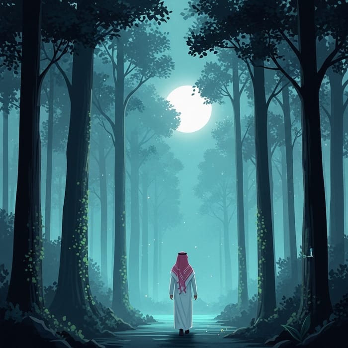 Mysterious Saudi Man Strolling in Moonlit Forest