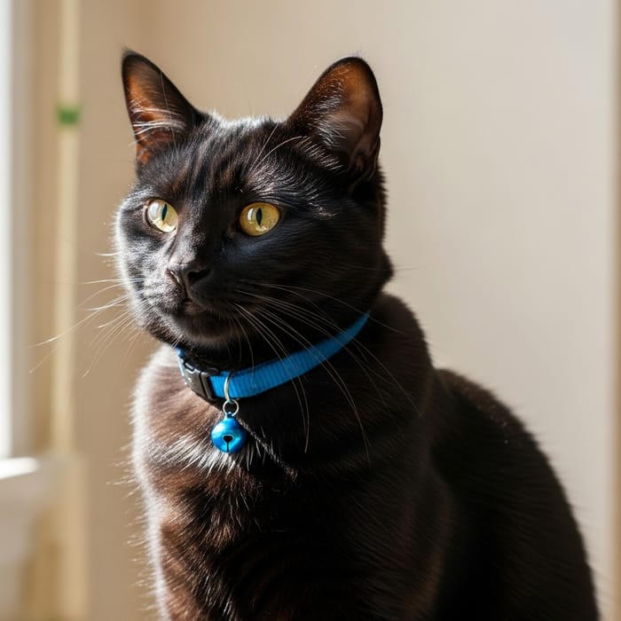 Midnight Black Cat with Blue Collar and Jingling Bell