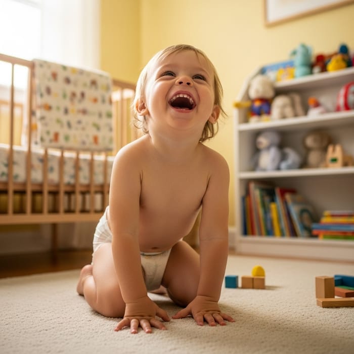 Joyful Toddler Laughing in Baby Diaper - Innocent Expression