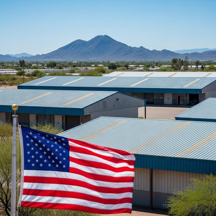 AI Generated Photo: Warehouses with Metallic-Toned Roofs in Arizona Landscape