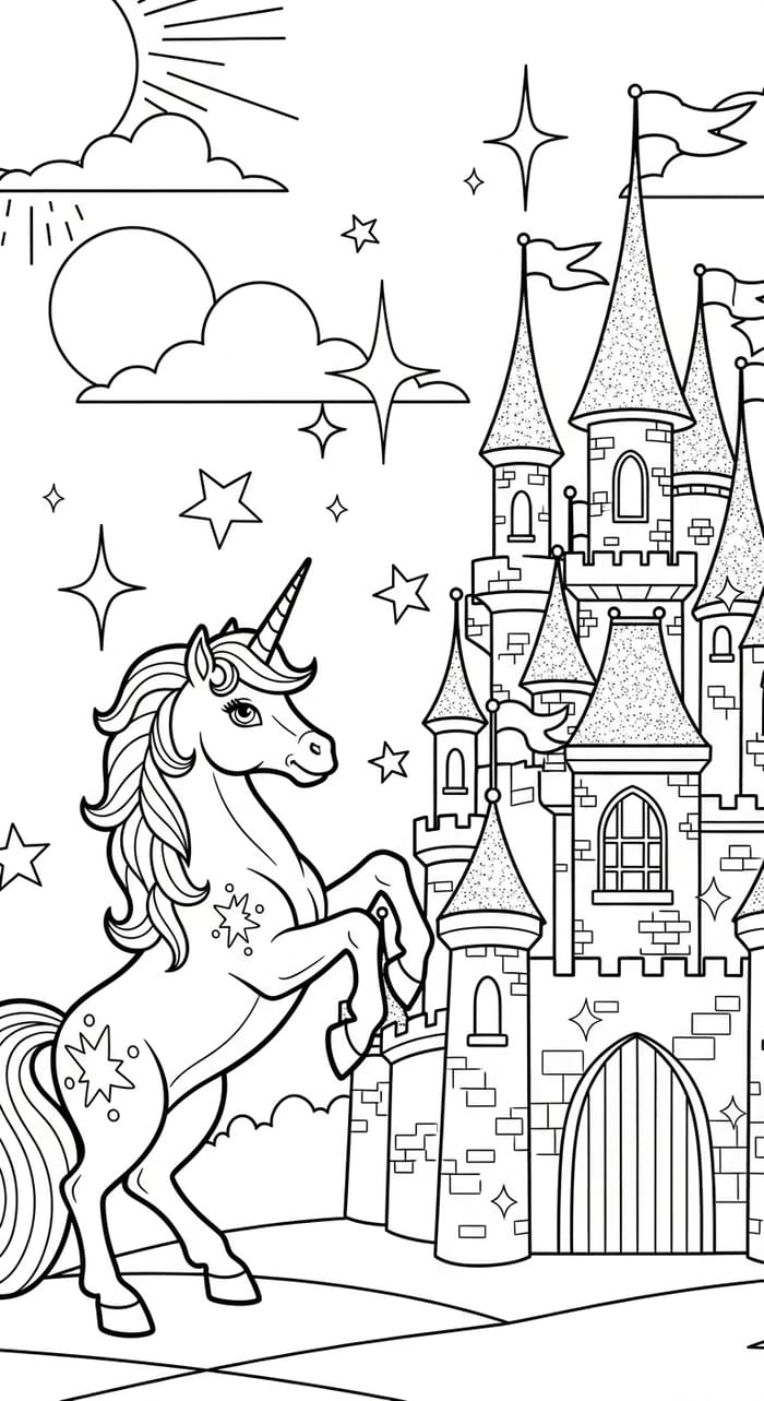 Unicorn & Castle Coloring Page for Kids