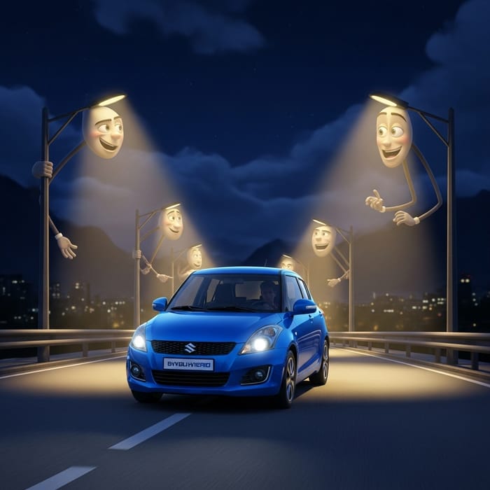Blue Suzuki Swift Hybrid - Nighttime Animated Scene Blue Suzuki Swift Hybrid - Nighttime Animated Scene