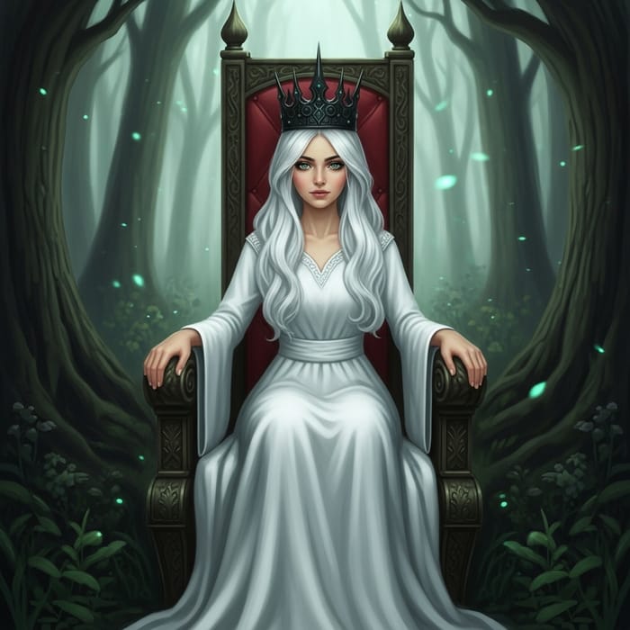 Enchanting Forest Queen with Emerald Eyes and White Hair